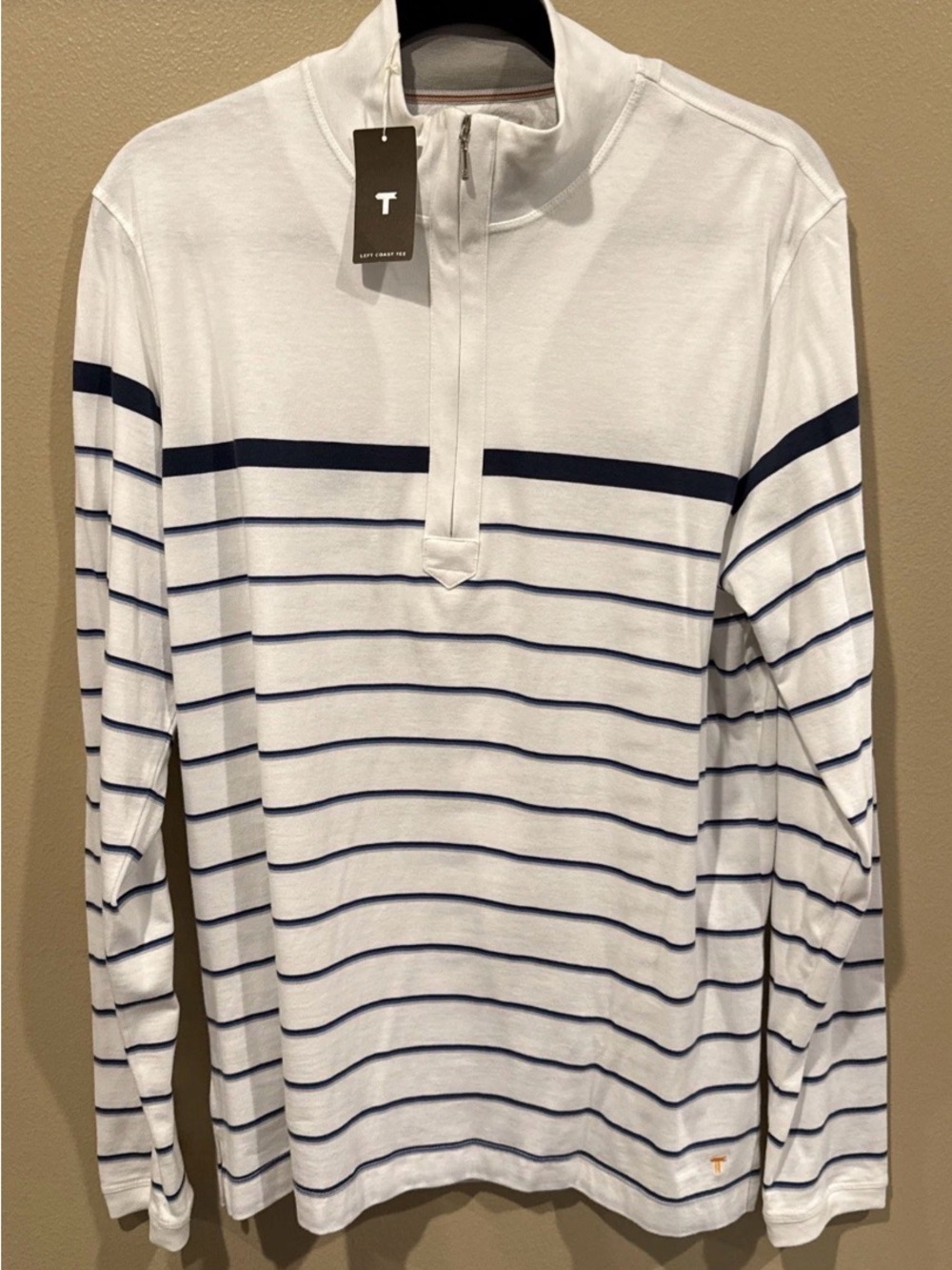 $215 New LEFT COAST TEE  Half Zip Pima Cotton Men's MEDIUM M Blue STRIPED